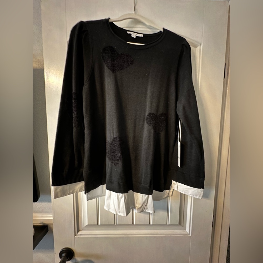 Chico's Elegant Black and White Sweater With Cute Heart Accents